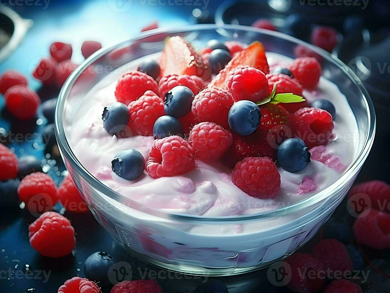 Yogurt with ice in a glass bowl with berries. High quality. AI Generative photo