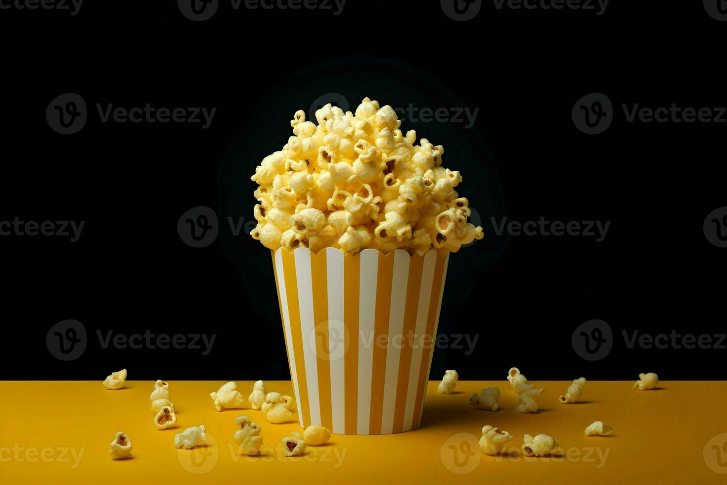 Photo of popcorn minimalism on a dark background. High quality. AI Generative