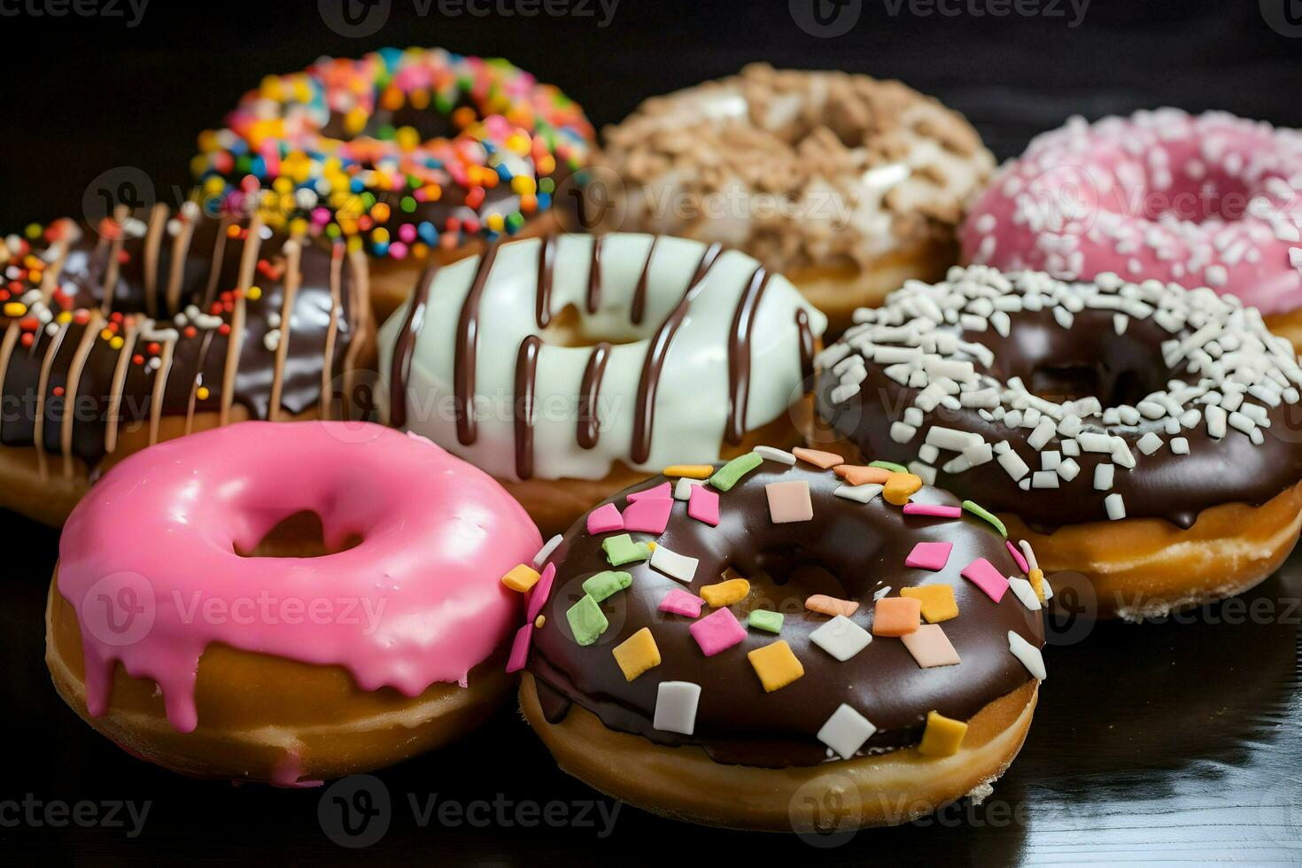 Top view of donats background. High-resolution. AI Generative photo