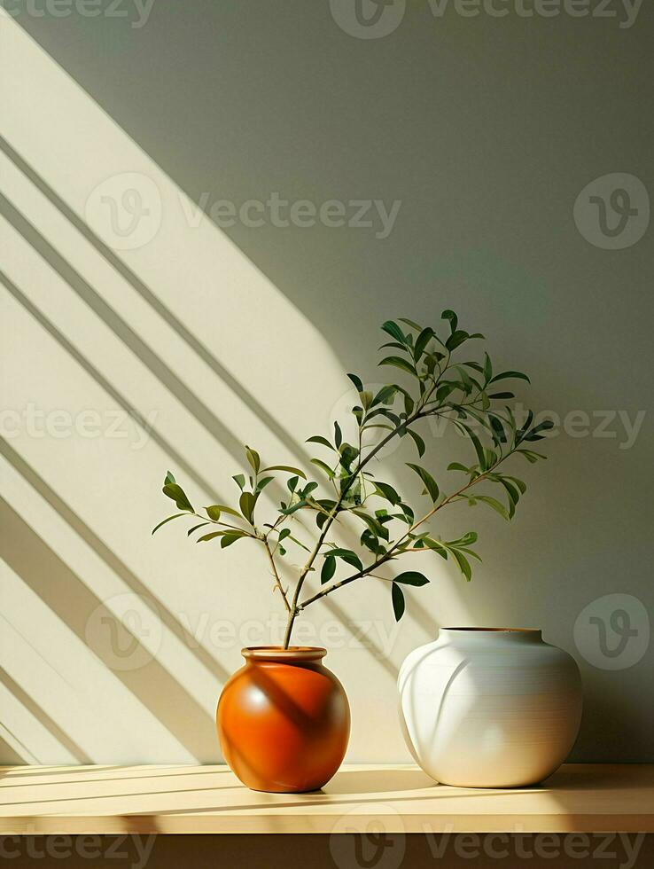 Plants under the sun near the wall minimalism. High-resolution. AI Generative photo