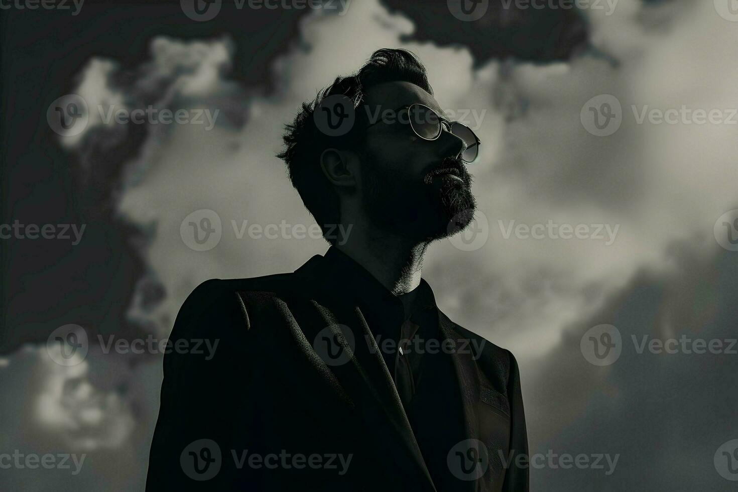 Photo of man in specs minimalism on a cloud background. High quality. AI Generative