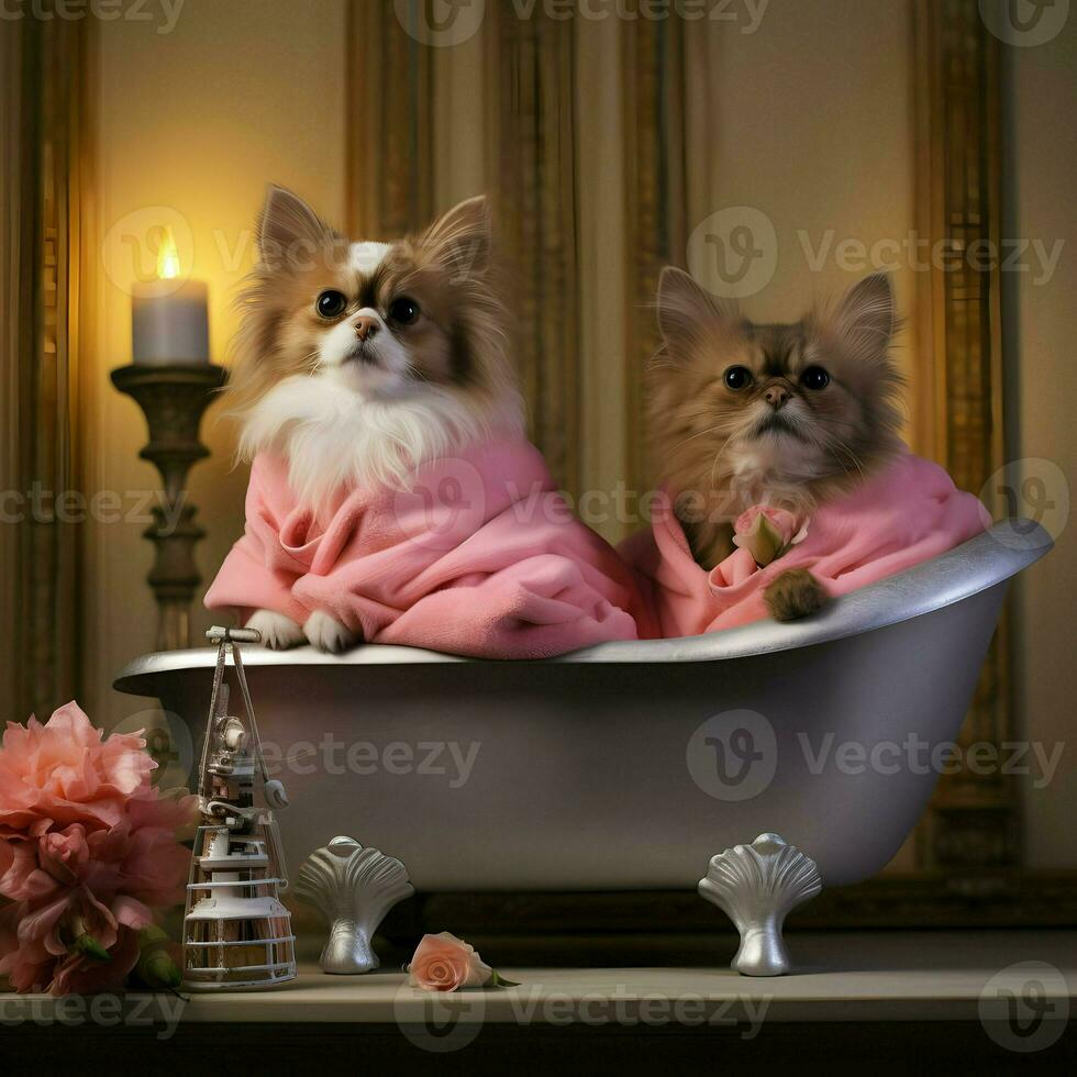 Charming pampered pets play side by side sitting in a bathtub. High-resolution. AI Generative photo