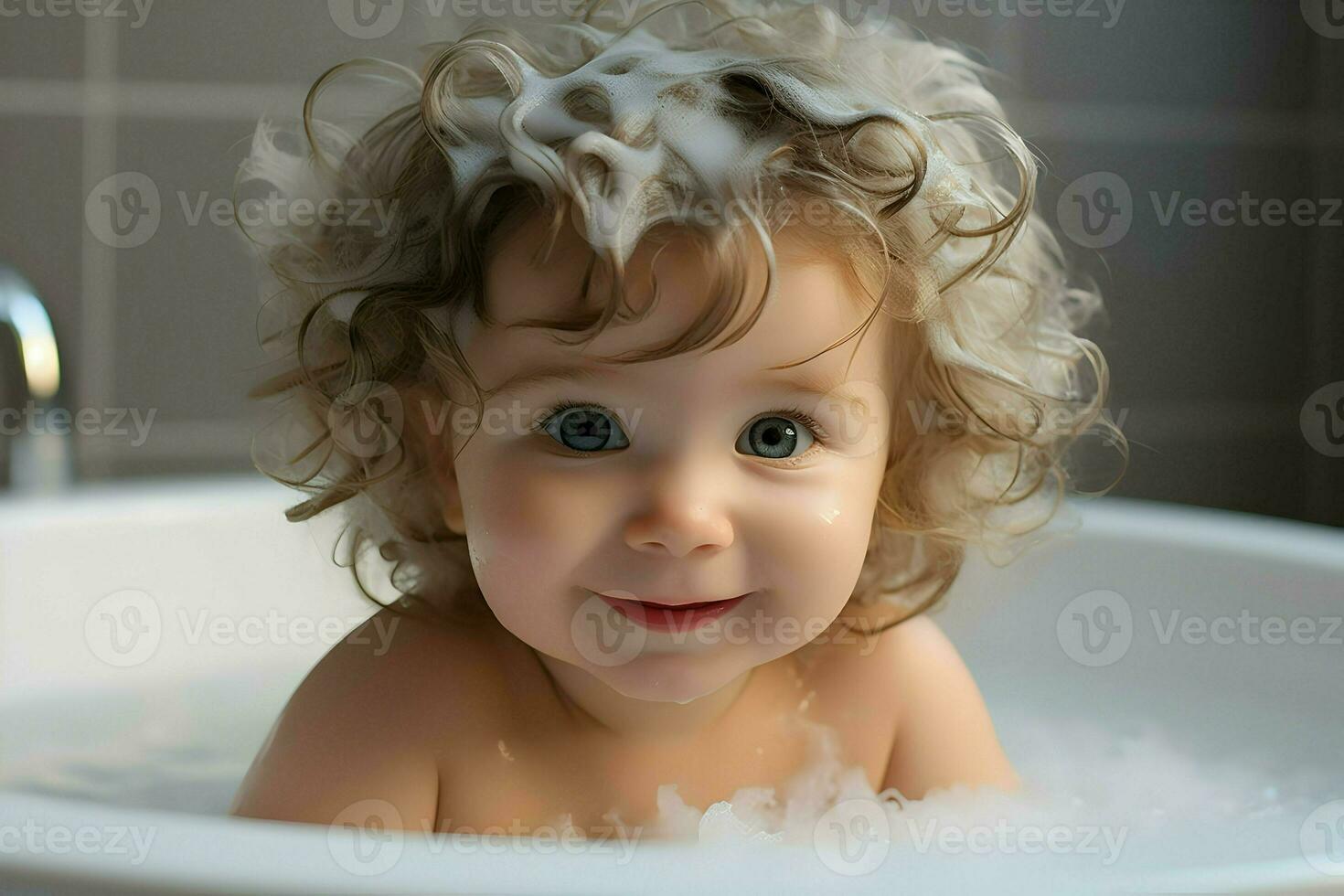 Cute baby in bathtub. High quality. AI Generative photo