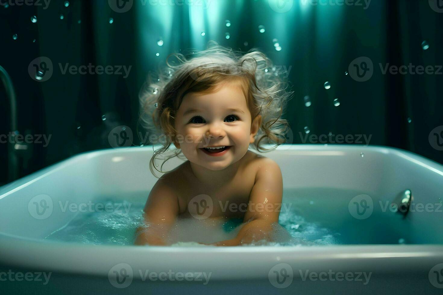 Cute baby in bathtub a cinematic shot one color background. High quality. AI Generative photo