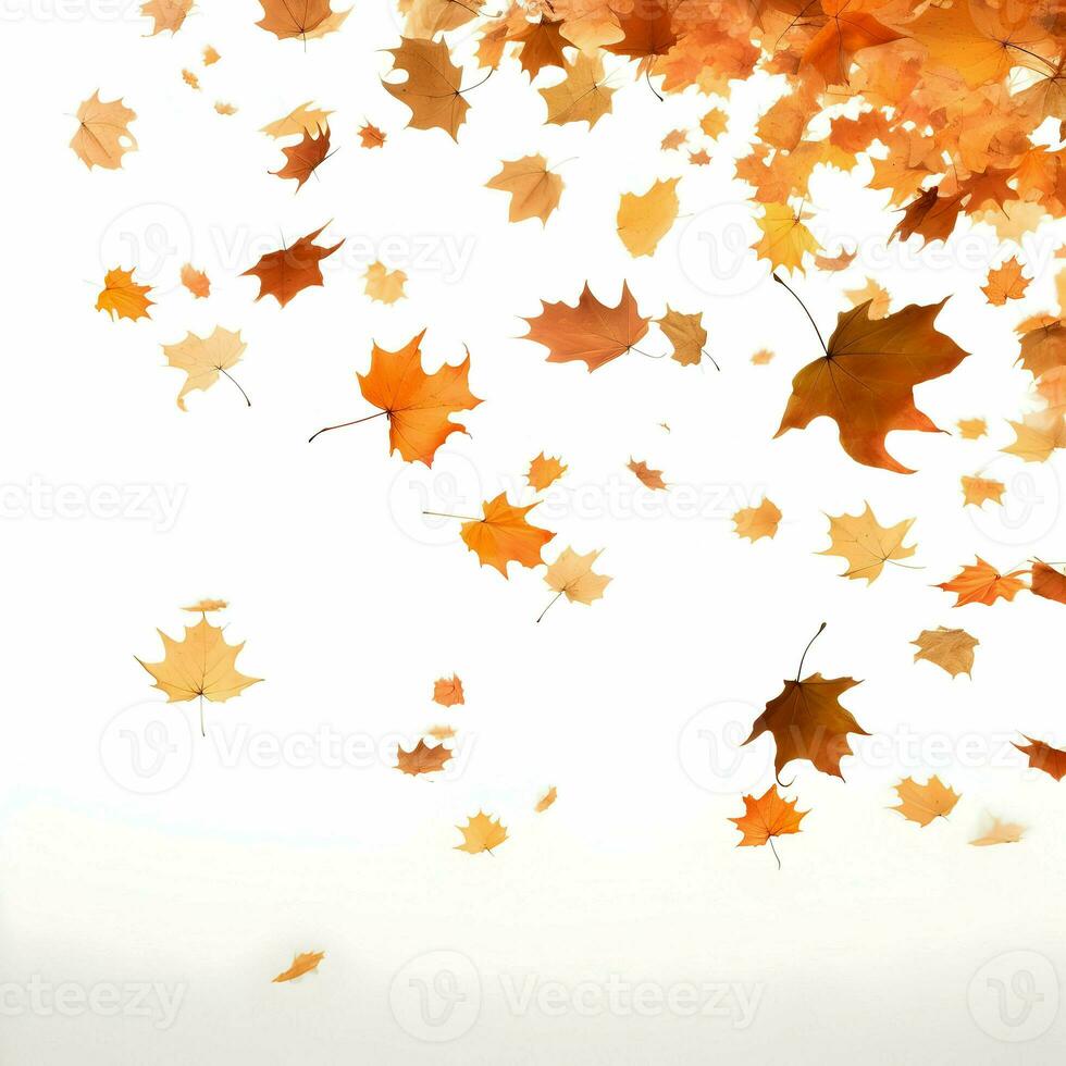 Hundreds of autumn leaves fall and fly on a white background. High-resolution. AI Generative photo