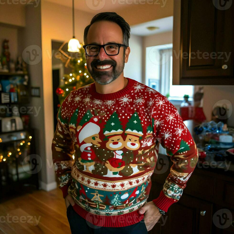 Happy businessman on a red background in Ugly Christmas Sweater. High-resolution. AI Generative photo