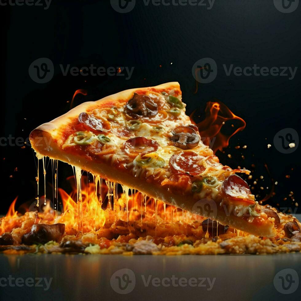 Slice of pizza in fire. High-resolution. AI Generative photo