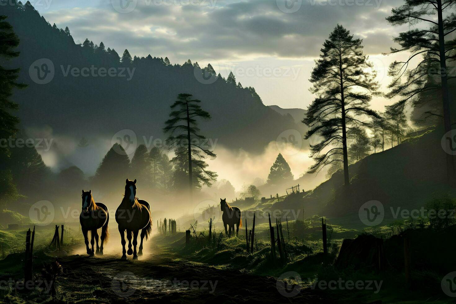 Horses in mountains misty morning. High-resolution. AI Generative photo