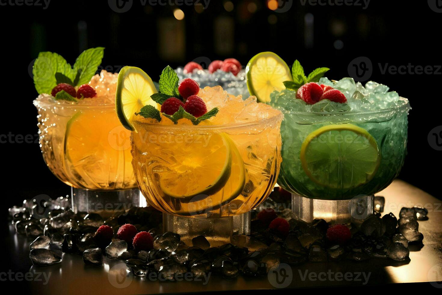 Fresh cocktails with ice lemon-lime and fruits in wide glasses. High quality. AI Generative photo