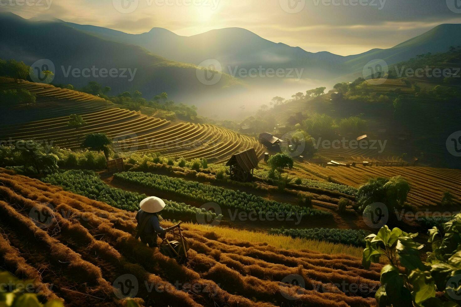 Close-up cinematic shot of farmers harvesting terraced fields. High quality. AI Generative photo