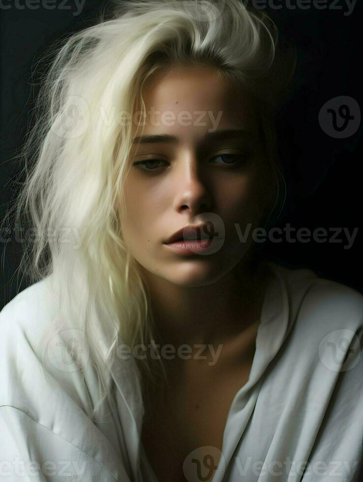 Close-up photo of a depressed blond hair woman side views minimalism. High-resolution. AI Generative