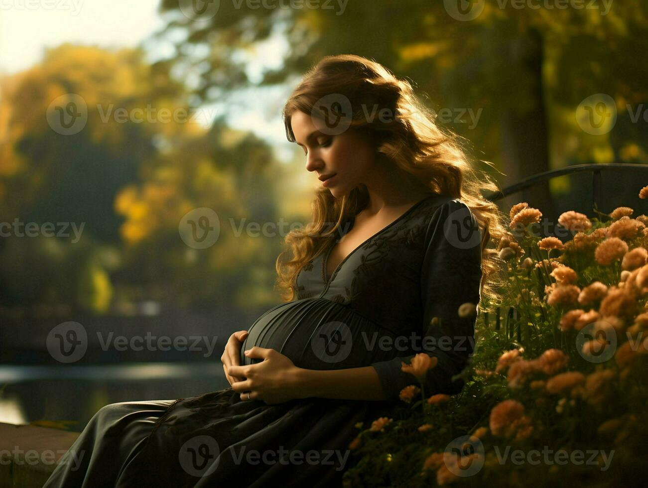 A pregnant woman sitting in the park. High-resolution. AI Generative photo