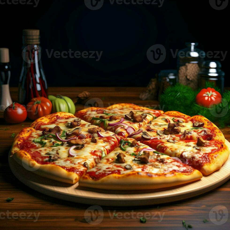 Tasty pizza on the table in the restaurant. High quality. AI Generative photo