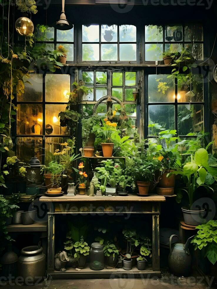 Wall window with lots of plants. High-resolution. AI Generative photo