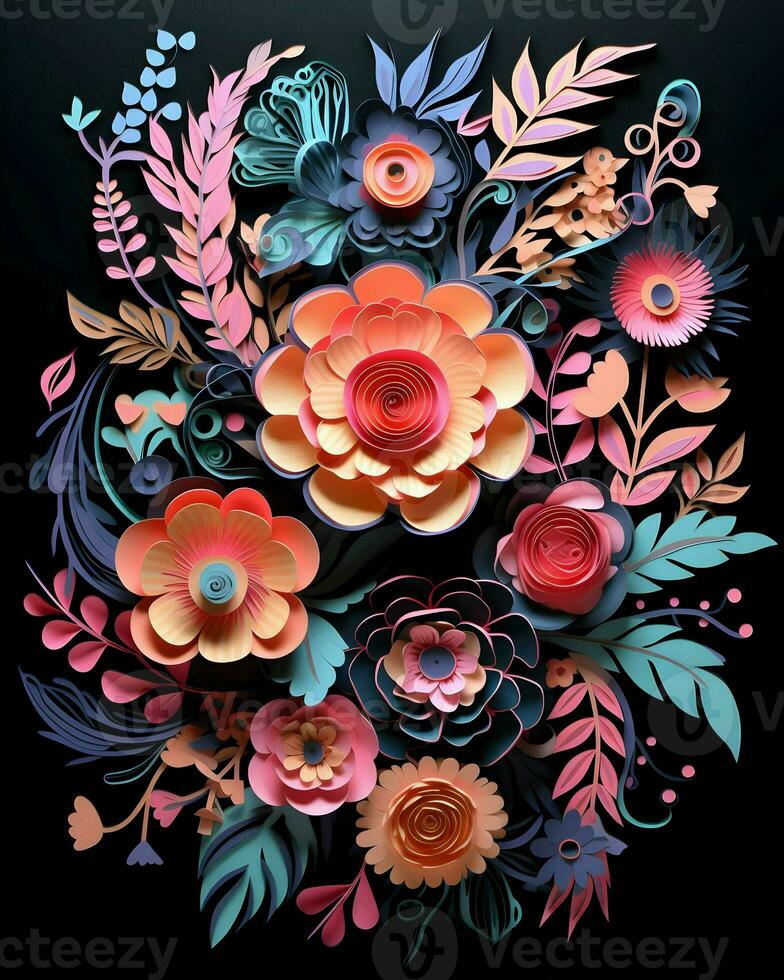 Hypermaximalist watercolor pastel kirigami on a black background. High-resolution. AI Generative photo