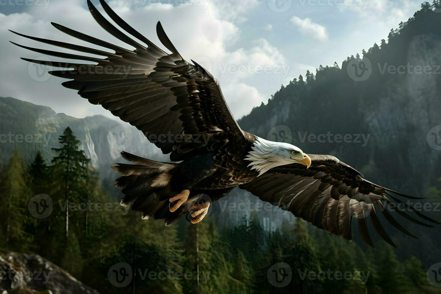 Photo of eagle over the forest. High quality. AI Generative