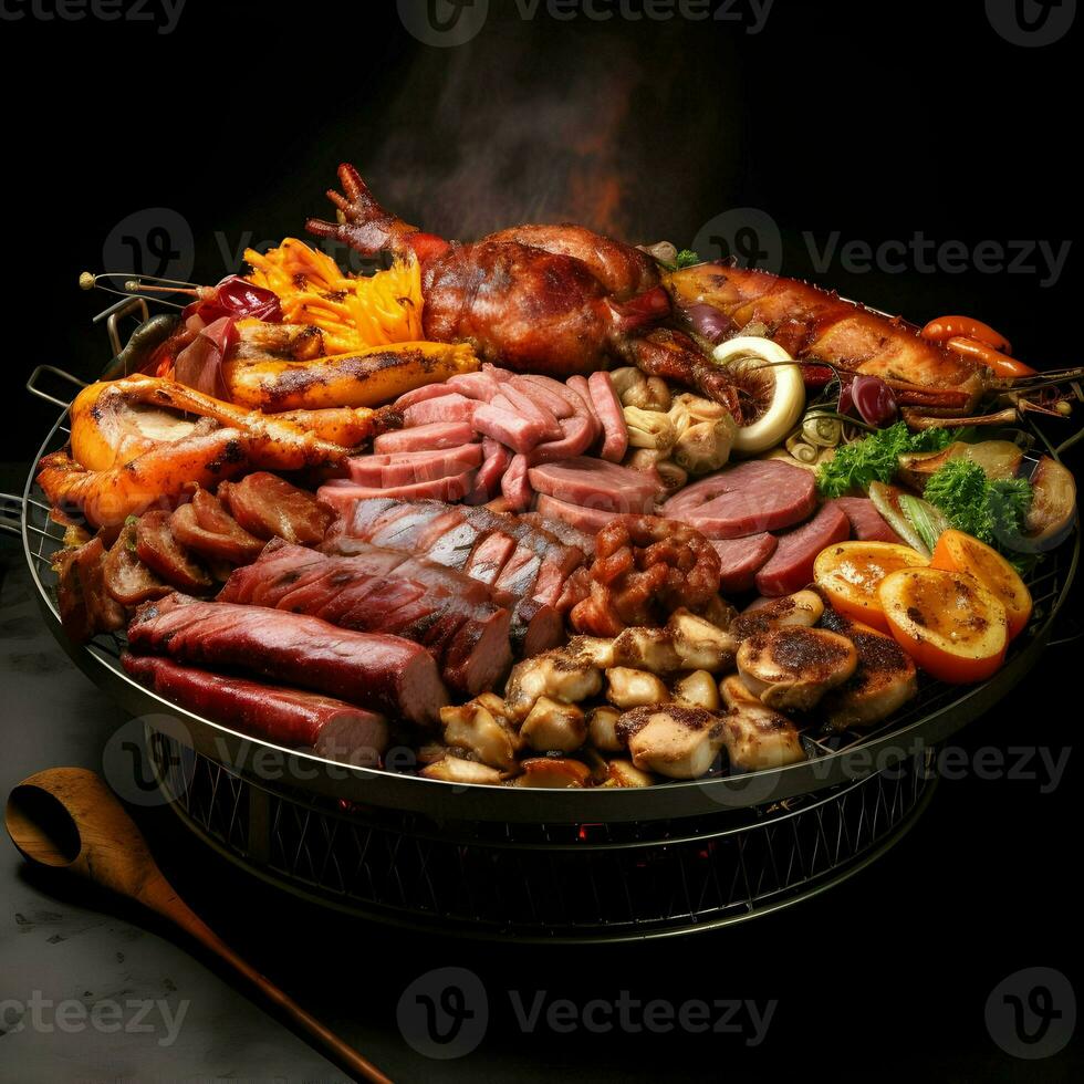 A grill with a variety of meats on it in round plate. High quality. AI Generative photo