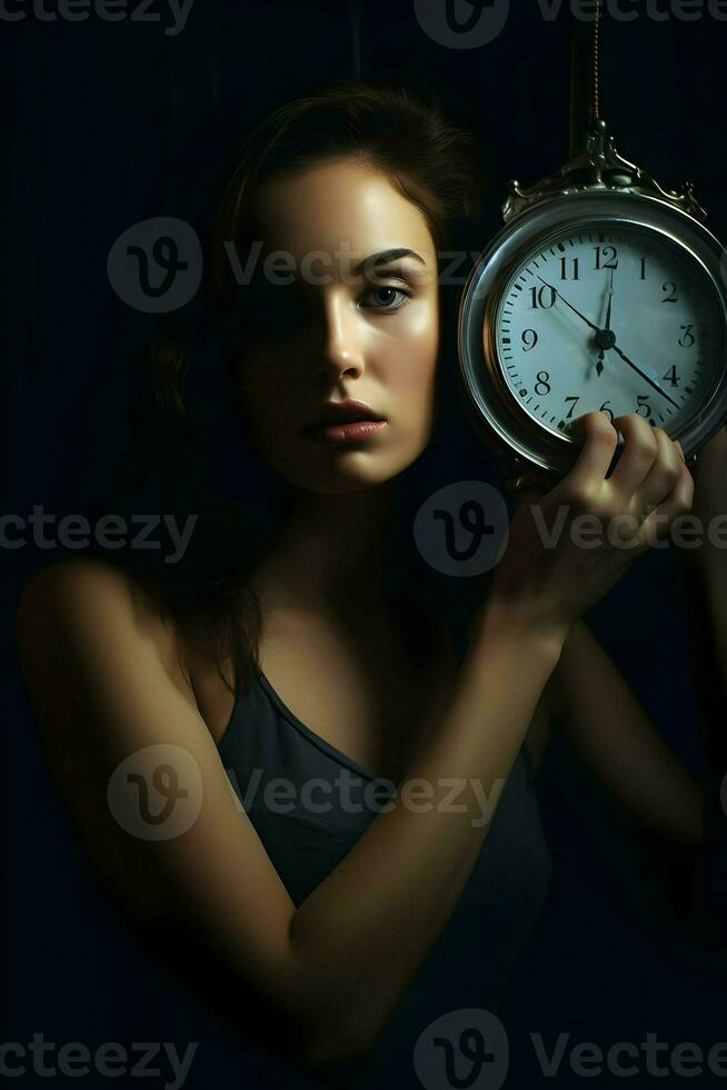 Woman holding the watch. High-resolution. AI Generative photo