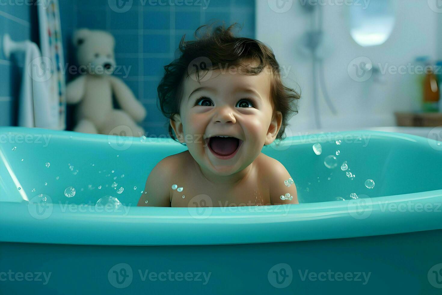 Cute baby in bathtub a cinematic shot one-color background. High quality. AI Generative photo