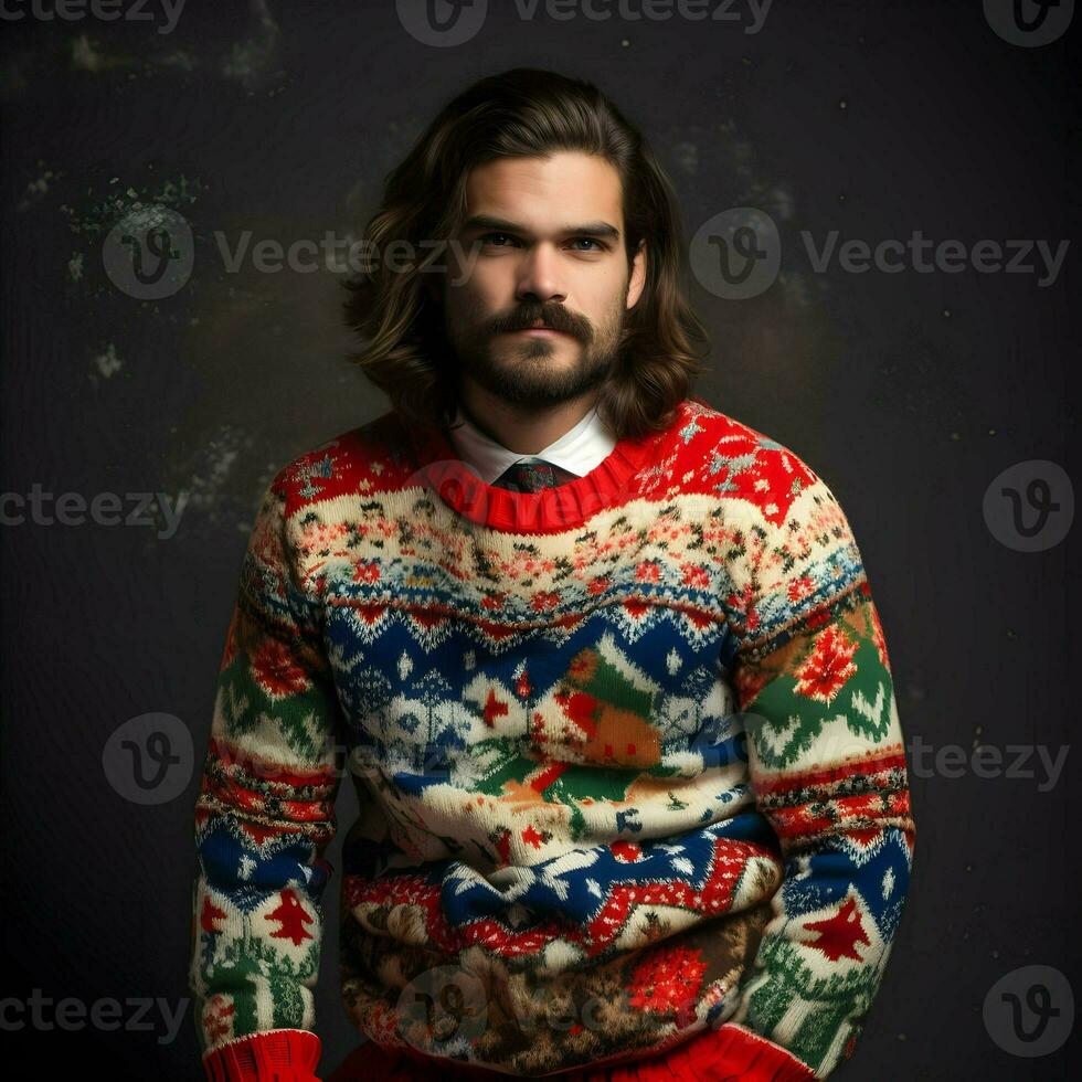 Men in National Ugly Christmas Sweater. High quality. AI Generative photo