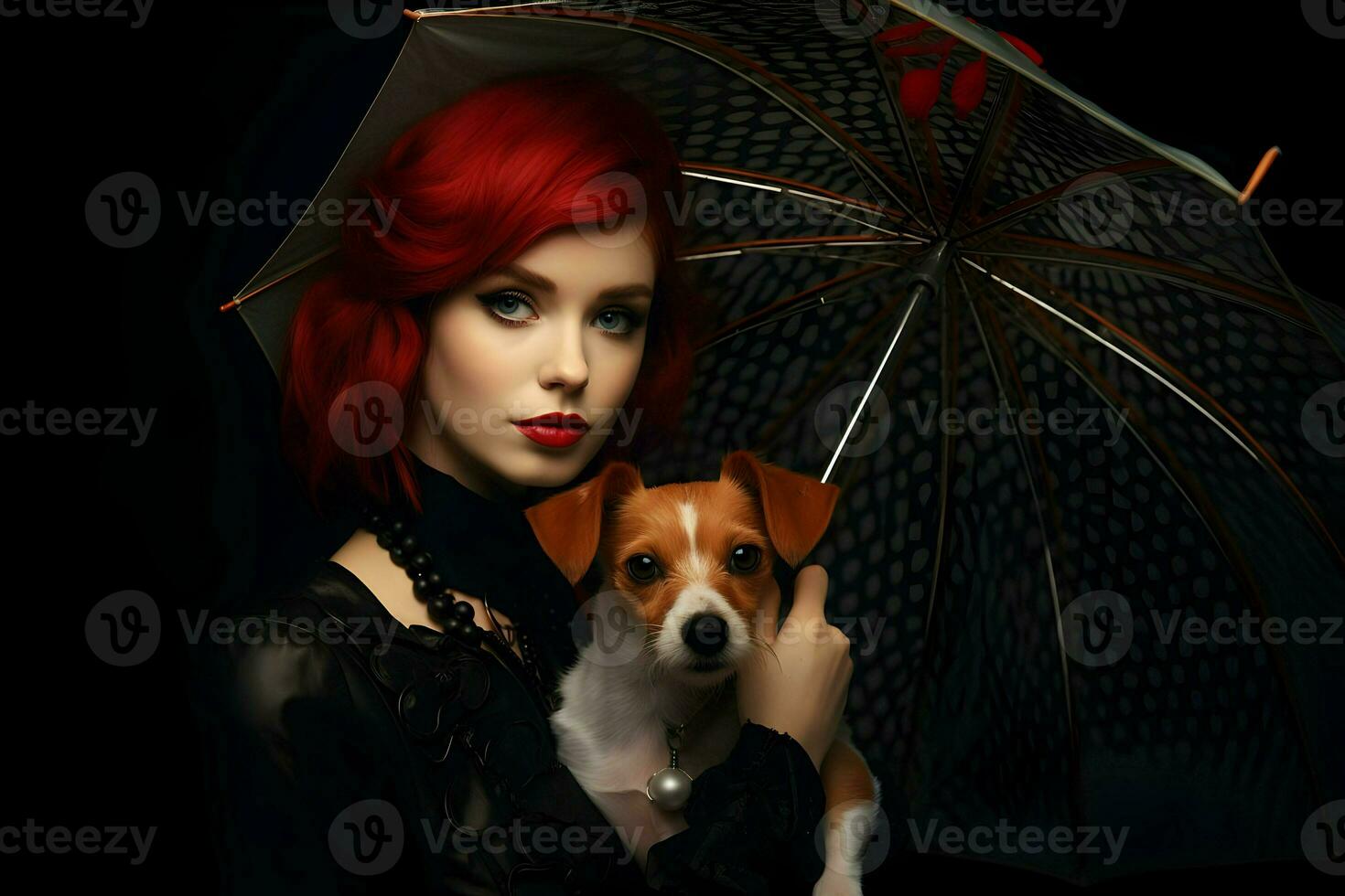 Red-haired woman and dog jack russell terrier under an umbrella. High quality. AI Generative photo