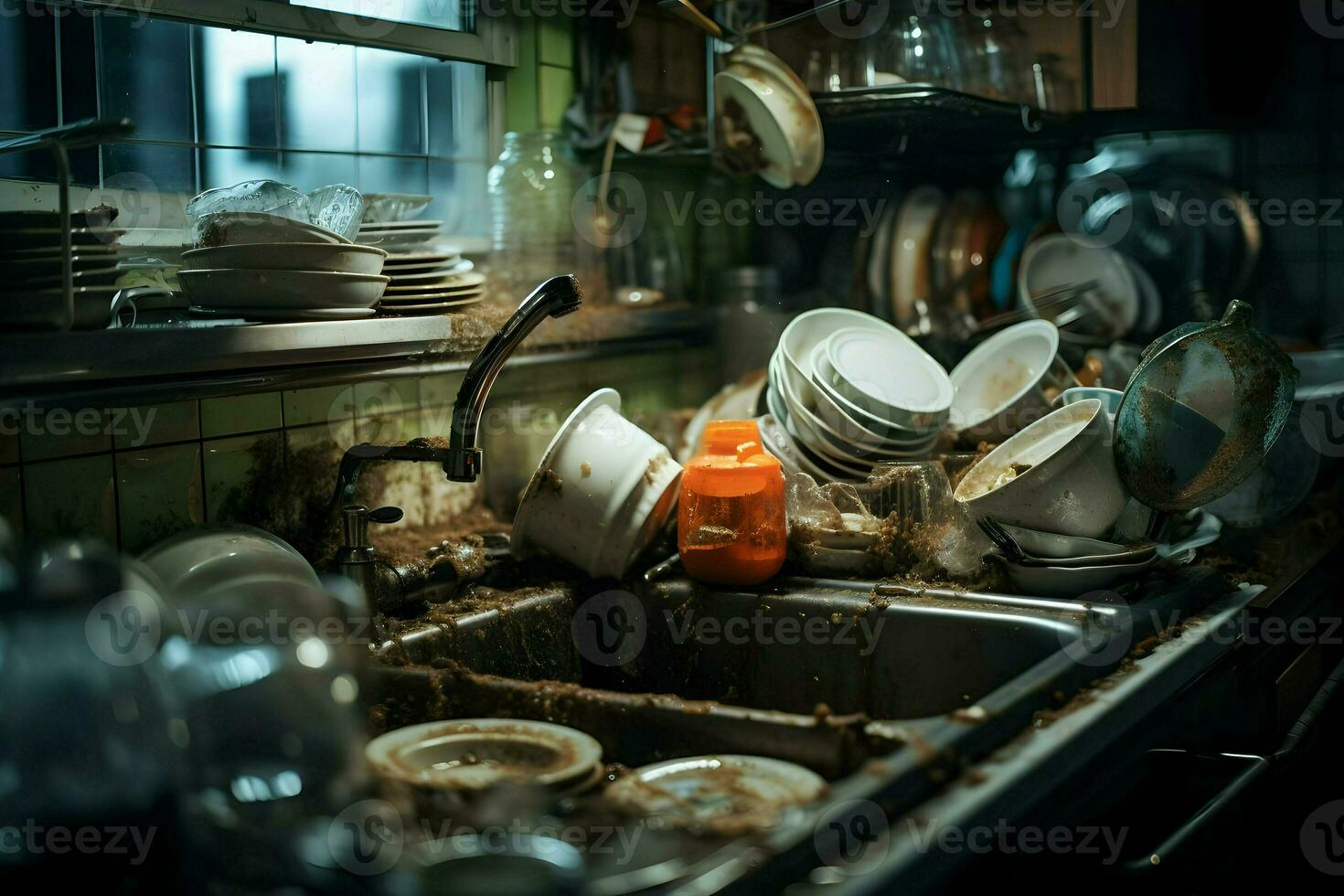 Dirty dishes at the kitchen. High-resolution. AI Generative photo