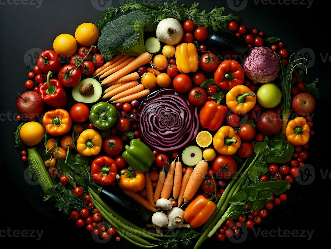 Top view fruits and vegetables bell peppers apples carrot coriander cauliflower persimmon radish cherry tomatoes. High quality. AI Generative photo