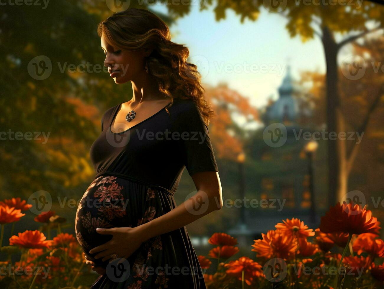 A misty pregnant woman in the park. High-resolution. AI Generative photo