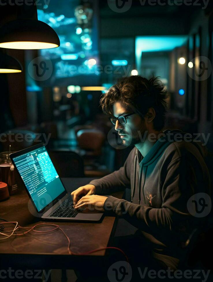 Software engineer at the table with a laptop. High quality. AI Generative photo