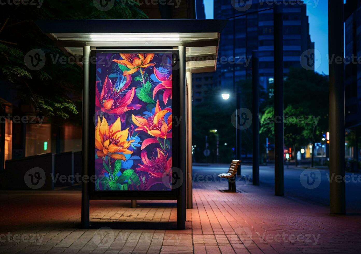 flowers bus stop poster dmg 2d mockup. AI Generated photo