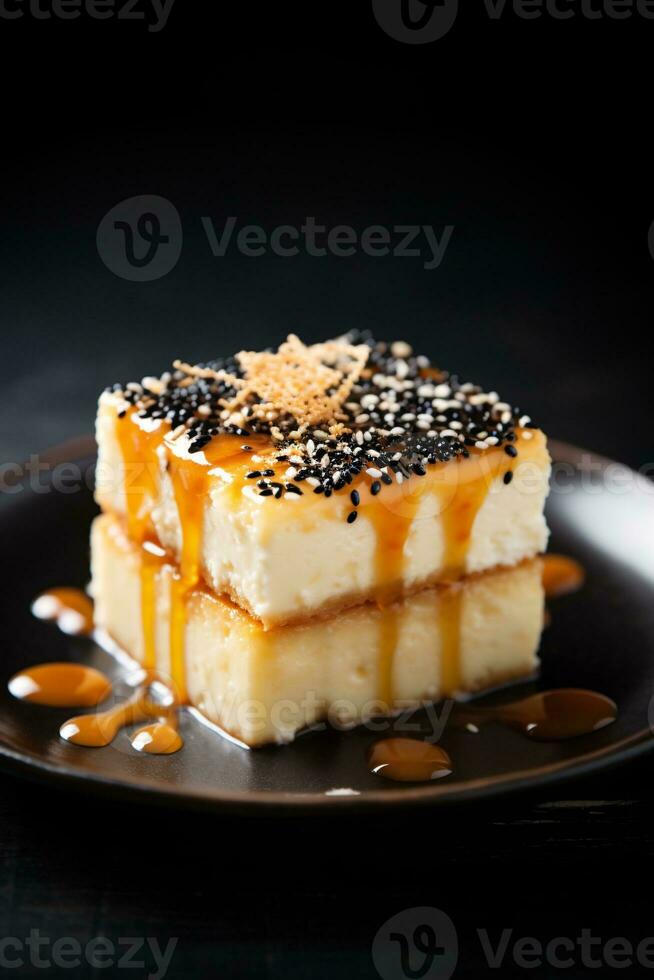 Cheesecake Squares with Honey Glaze Pointillist Dots. AI Generated photo