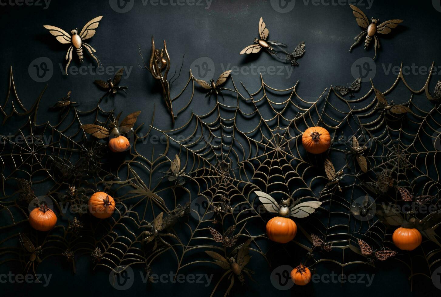 Halloween Web and Pumpkins on Black Background. AI Generated photo