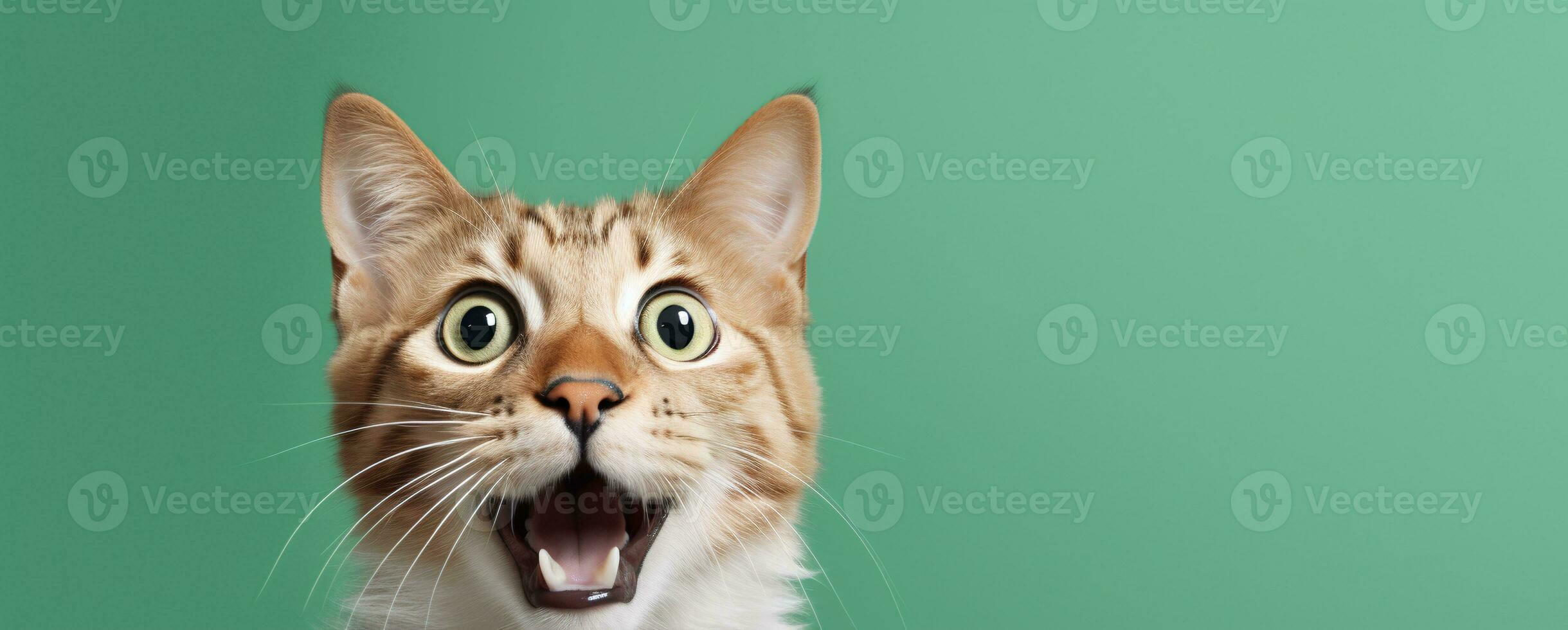 Shocked Cat Minimal Retouching Green Background. AI Generated photo