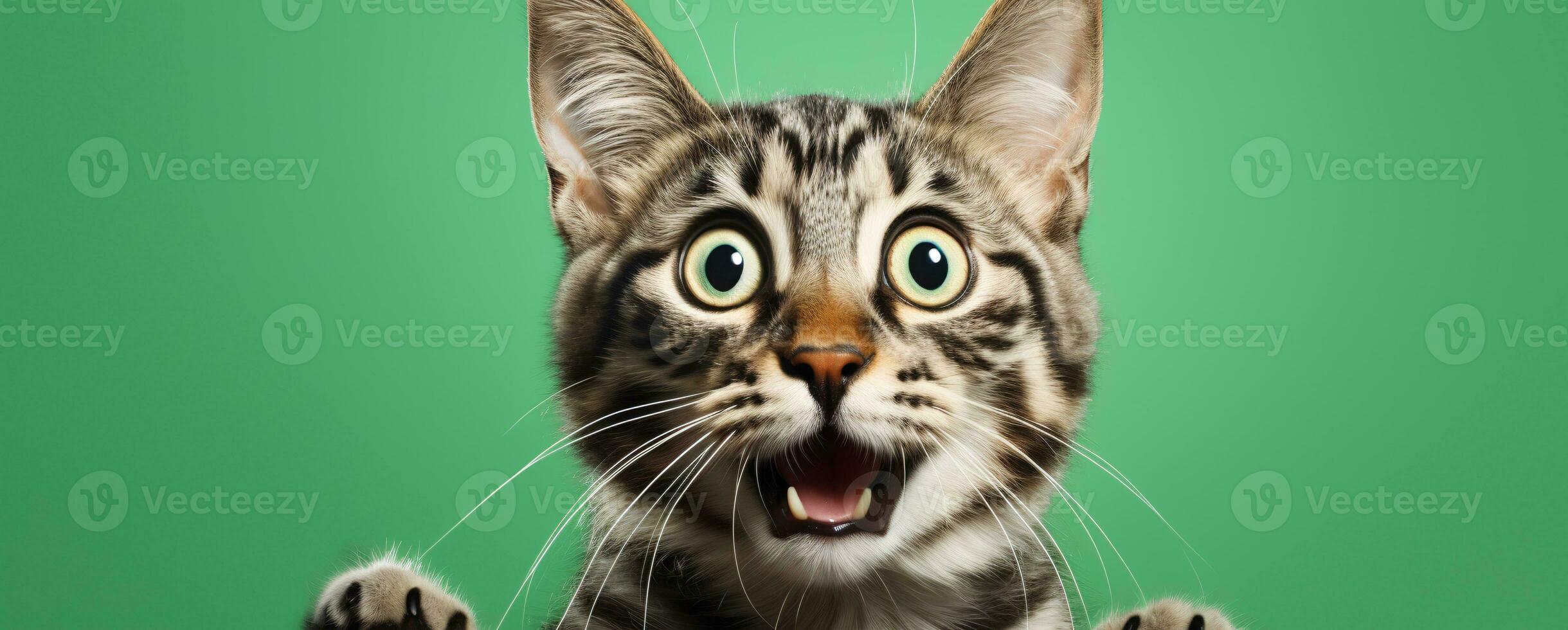 Shocked Cat Minimal Retouching Green Background. AI Generated photo