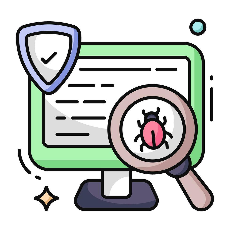 Virus under magnifying glass, debugging icon vector