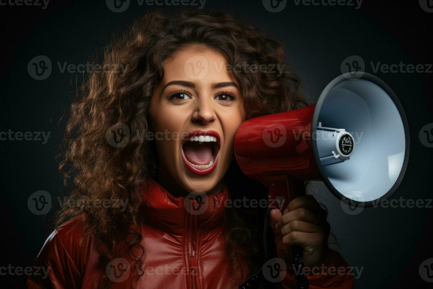 Portrait of a young woman shouting through a megaphone. AI generated photo