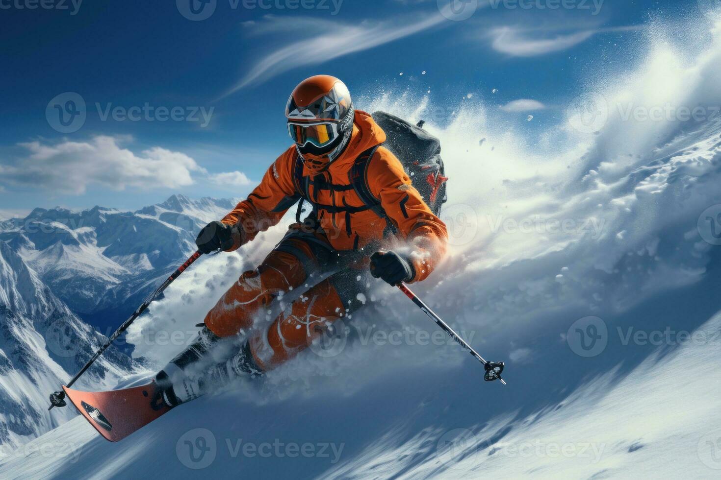 Skier skiing downhill in high mountains during sunny day. Mixed media. Extreme winter sport. 3D illustration. Freeride skier sliding downhill in snow on a dark background. AI generated photo