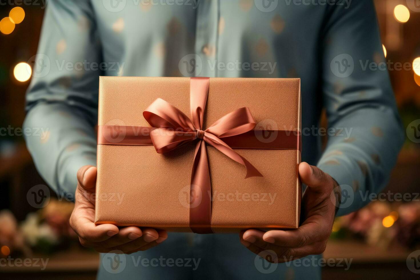 Man holding beautiful gift box at wooden table, closeup. Christmas celebration. AI generated photo