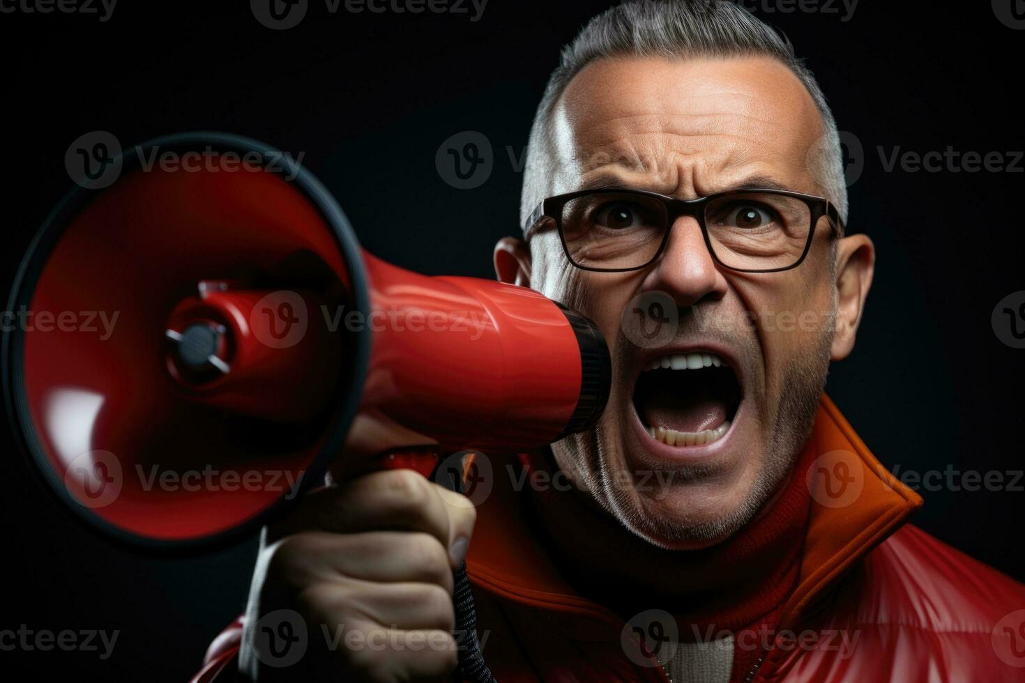 portrait of angry senior man in red hoodie shouting through megaphone isolated on grey. AI generated photo