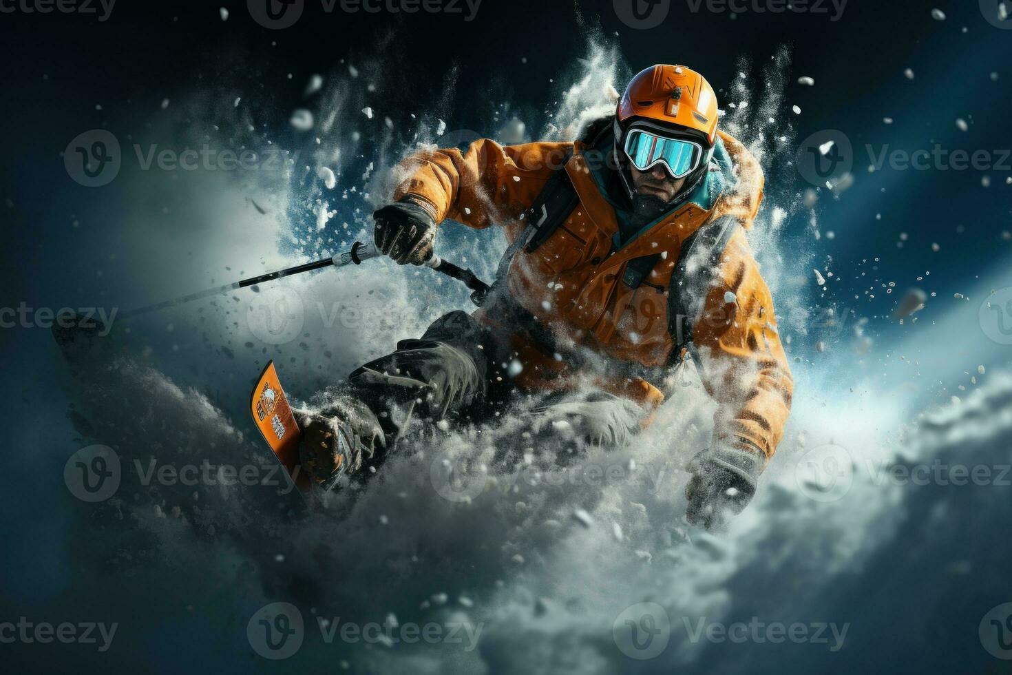 Skier skiing downhill in high mountains during sunny day. Mixed media. Extreme winter sport. 3D illustration. Freeride skier sliding downhill in snow on a dark background. AI generated photo