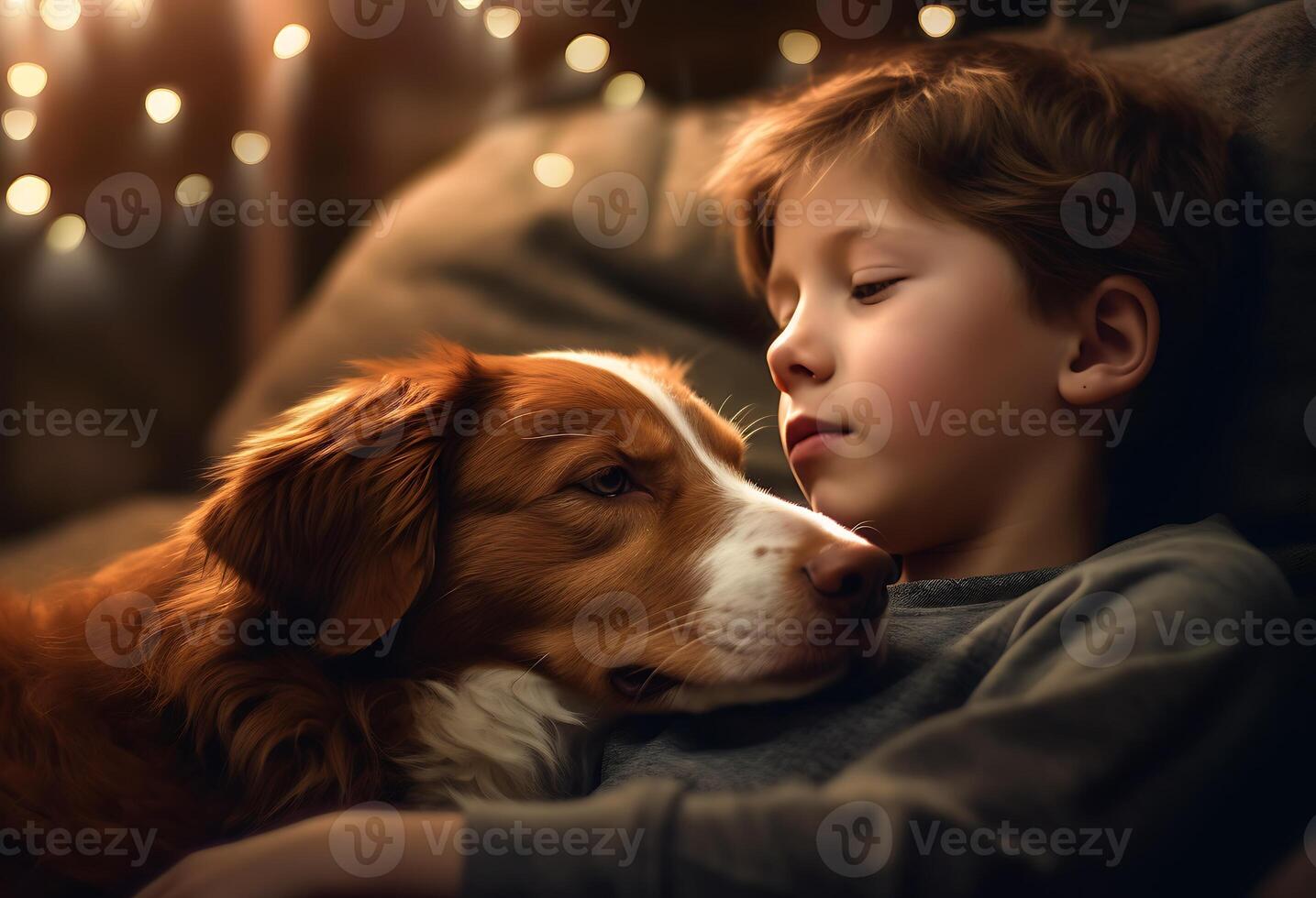 A Cute little boy with his dog at home photo