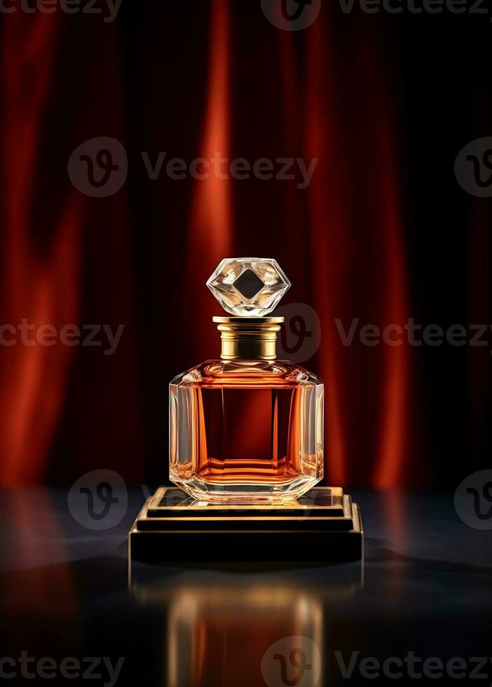 perfume botella en oscuro antecedentes con rojo cortina y Copiar espacio ai generado foto