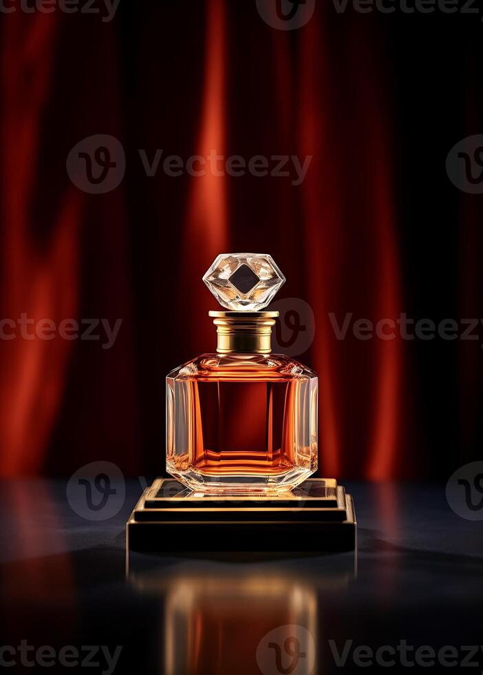 Perfume bottle on dark background with red curtain and copy space photo