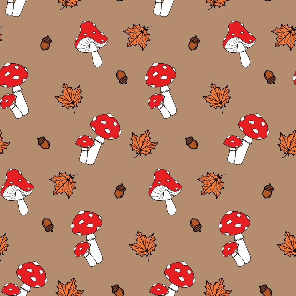 otoño sin costura modelo con amanita hongos, bellotas y arce hojas. diseño para tela, textil, fondo de pantalla, envase papel. vector ilustración