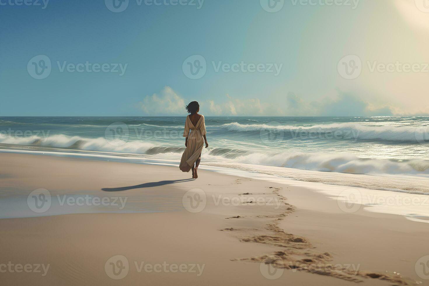 Woman walking on the beach rear view.  Photorealistic image. AI generated. photo