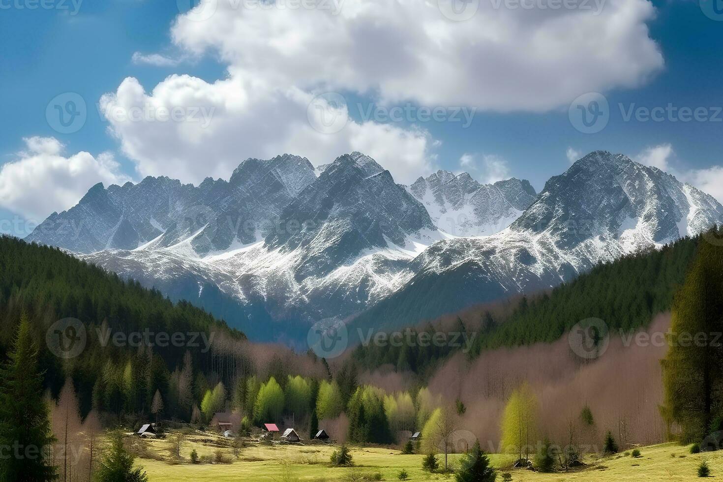 Panoramic view of mountains. Photorealistic image. AI generated. photo