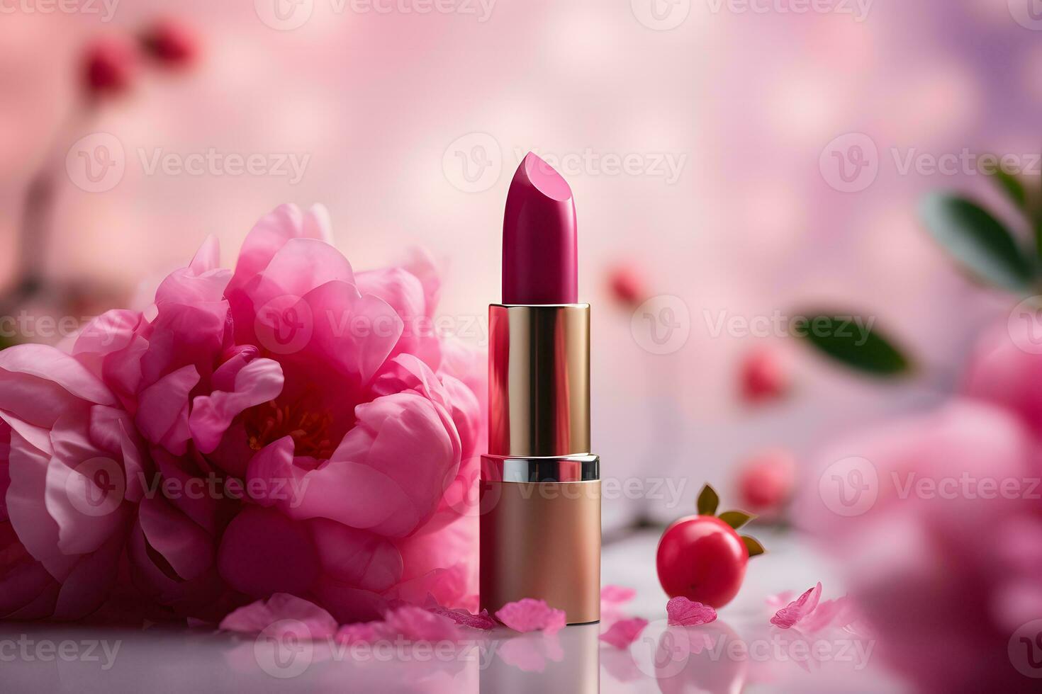 Pink lipstick in blooming  flowers, cosmetic and make-up product, photorealistic image, commercial advertising. AI generative illustration. photo