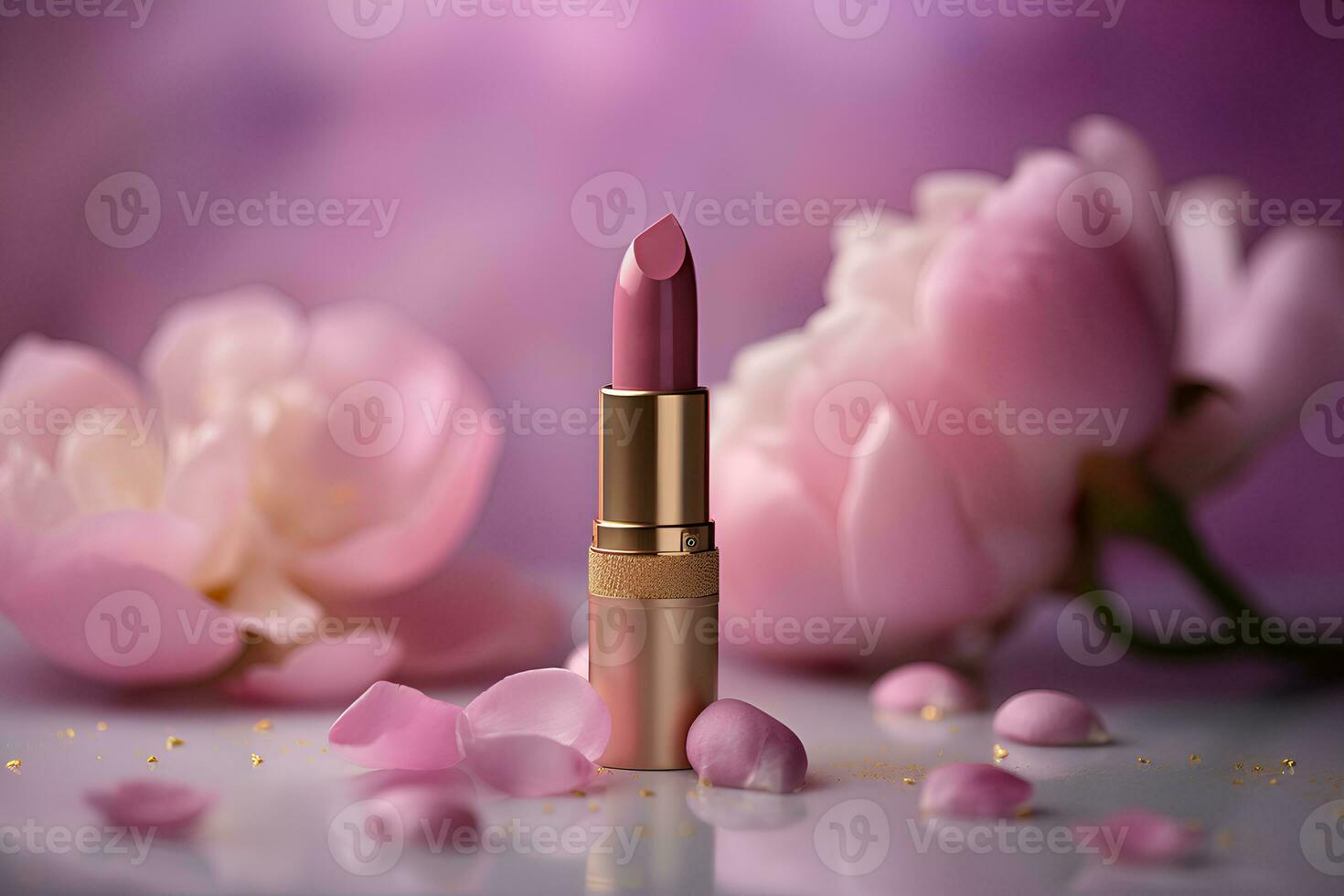 Pink lipstick in blooming  flowers, cosmetic and make-up product, photorealistic image, commercial advertising. AI generative illustration. photo