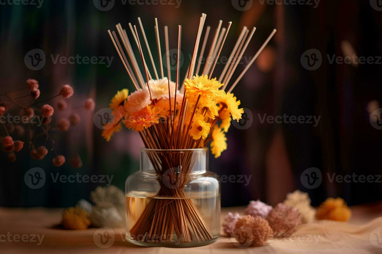 Home fragrance diffuser with wooden sticks in the style of a commercial photo. AI generated. photo