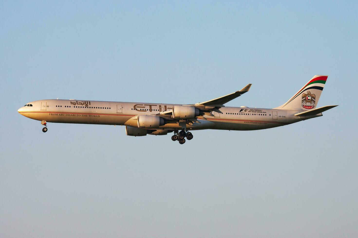 Etihad Airways passenger plane at airport. Schedule flight travel. Aviation and aircraft. Air transport. Global international transportation. Fly and flying. photo